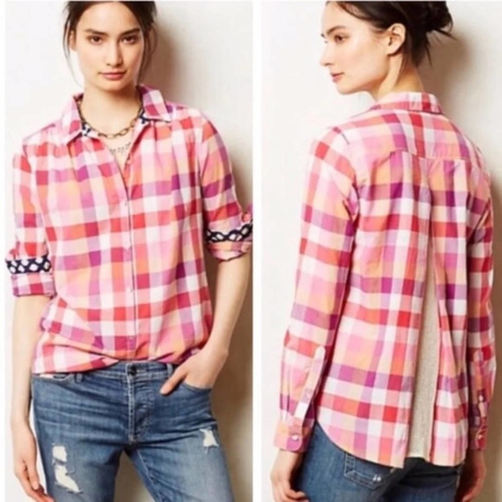 Anthro Isabella Sinclair Hibiscus Tea Button Down Shirt Lace Plaid